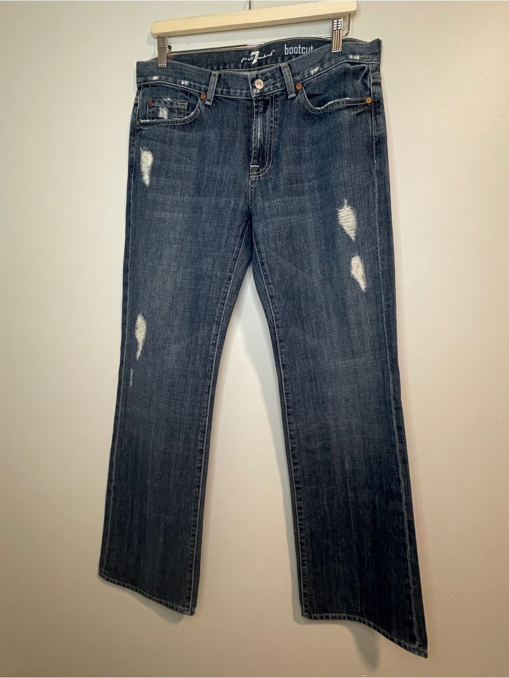 7 For All Mankind Women’s Dark Blue Distressed Boot Cut Jeans